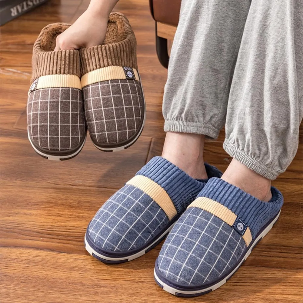 Premium Comfort Thermal Checker Plaid Non Slip Men's Fuzzy House Slippers Inddor Soft Warm Furry Shoes Plus Size