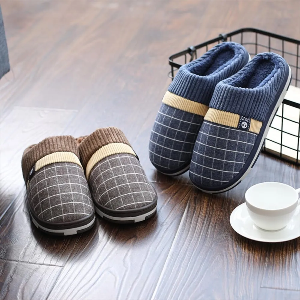 Premium Comfort Thermal Checker Plaid Non Slip Men's Fuzzy House Slippers Inddor Soft Warm Furry Shoes Plus Size