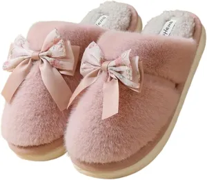 Premium Comfort Thermal Cute Ribbon Silk Bow Non Slip Women's Fuzzy House Slippers Indoor Soft Warm Kawaii Shoes