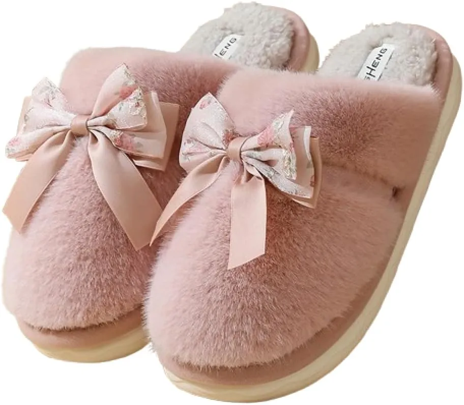 Premium Comfort Thermal Cute Ribbon Silk Bow Non Slip Women's Fuzzy House Slippers Indoor Soft Warm Kawaii Shoes