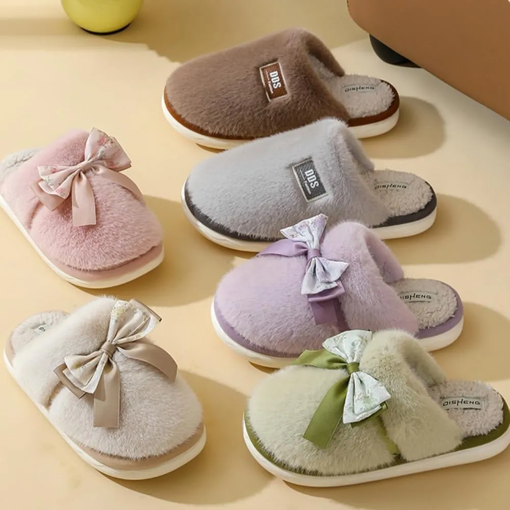 Premium Comfort Thermal Cute Ribbon Silk Bow Non Slip Women's Fuzzy House Slippers Indoor Soft Warm Kawaii Shoes