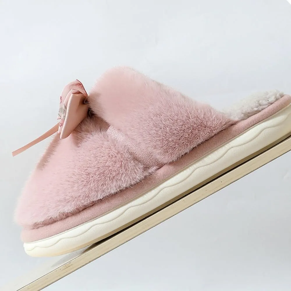 Premium Comfort Thermal Cute Ribbon Silk Bow Non Slip Women's Fuzzy House Slippers Indoor Soft Warm Kawaii Shoes
