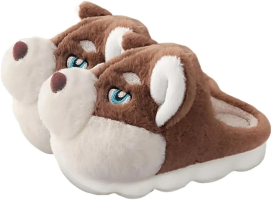 Premium Comfort Thermal Cute Seberian Husky Dog Non Slip Women's Fuzzy House Slippers Indoor Soft Warm Furry Shoes