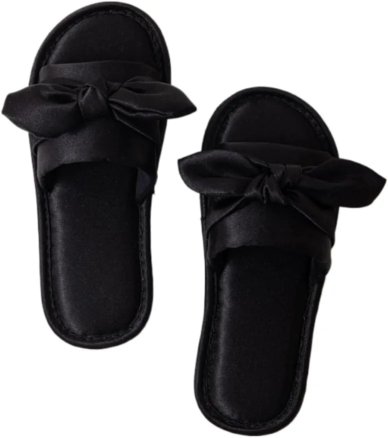 Premium Luxury Satin Silk All Seasons Comfort Ribbon Bow Women's House Slippers Non Slip Indoor Soft Home Slip On Shoes