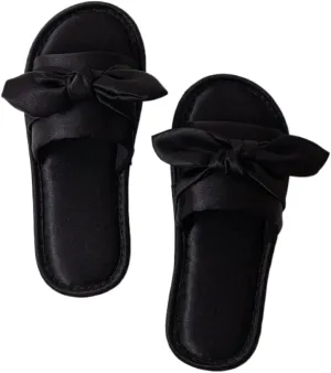 Premium Luxury Satin Silk All Seasons Comfort Ribbon Bow Women's House Slippers Non Slip Indoor Soft Home Slip On Shoes