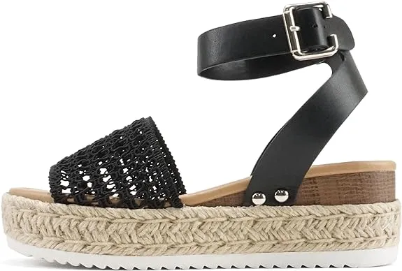 Pu Platform Black Espadrille Studded Strap Platform Limited edition Topics Ankle Fraud-free Sandals Soda