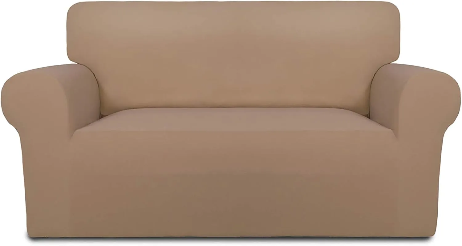 PureFit Super Stretch Sofa Slipcover – Spandex Non Slip Soft Couch Sofa Cover, Washable Furniture Protector with Non Skid Foam and Elastic Bottom for Kids, Pets （Loveseat, Camel）