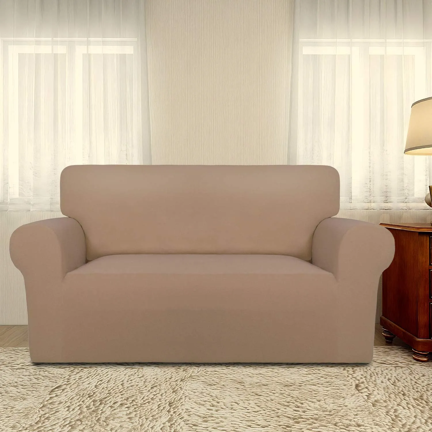 PureFit Super Stretch Sofa Slipcover – Spandex Non Slip Soft Couch Sofa Cover, Washable Furniture Protector with Non Skid Foam and Elastic Bottom for Kids, Pets （Loveseat, Camel）
