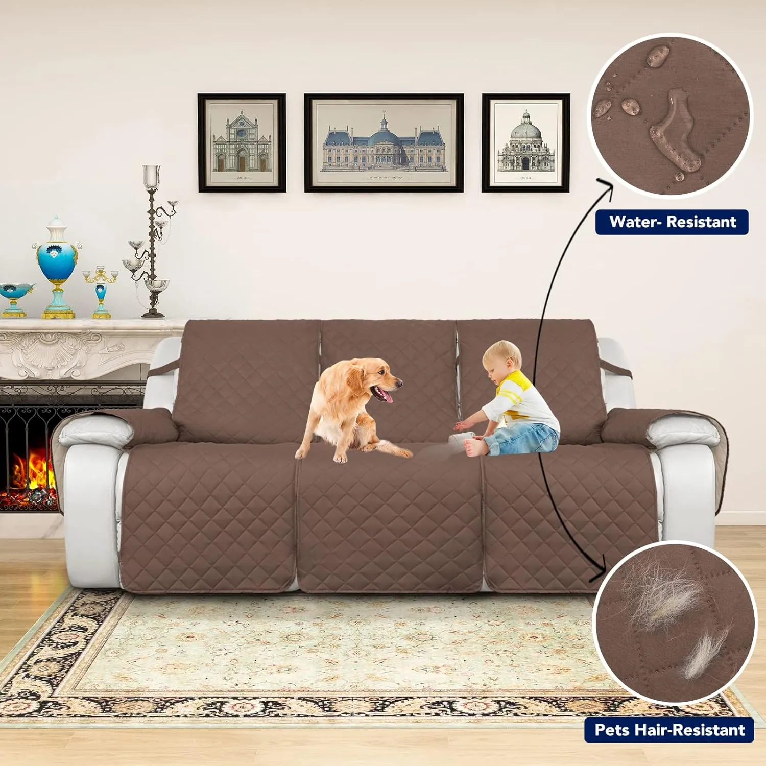 PureFit Water Resistant Reversible Sofa Covers for Reclining Sofa 3 Seat - Non Slip Split Recliner Couch Cover for 3 Cushion Couch, Washable Furniture Protector for Kids, Dogs (3 Seat, Brown/Beige)