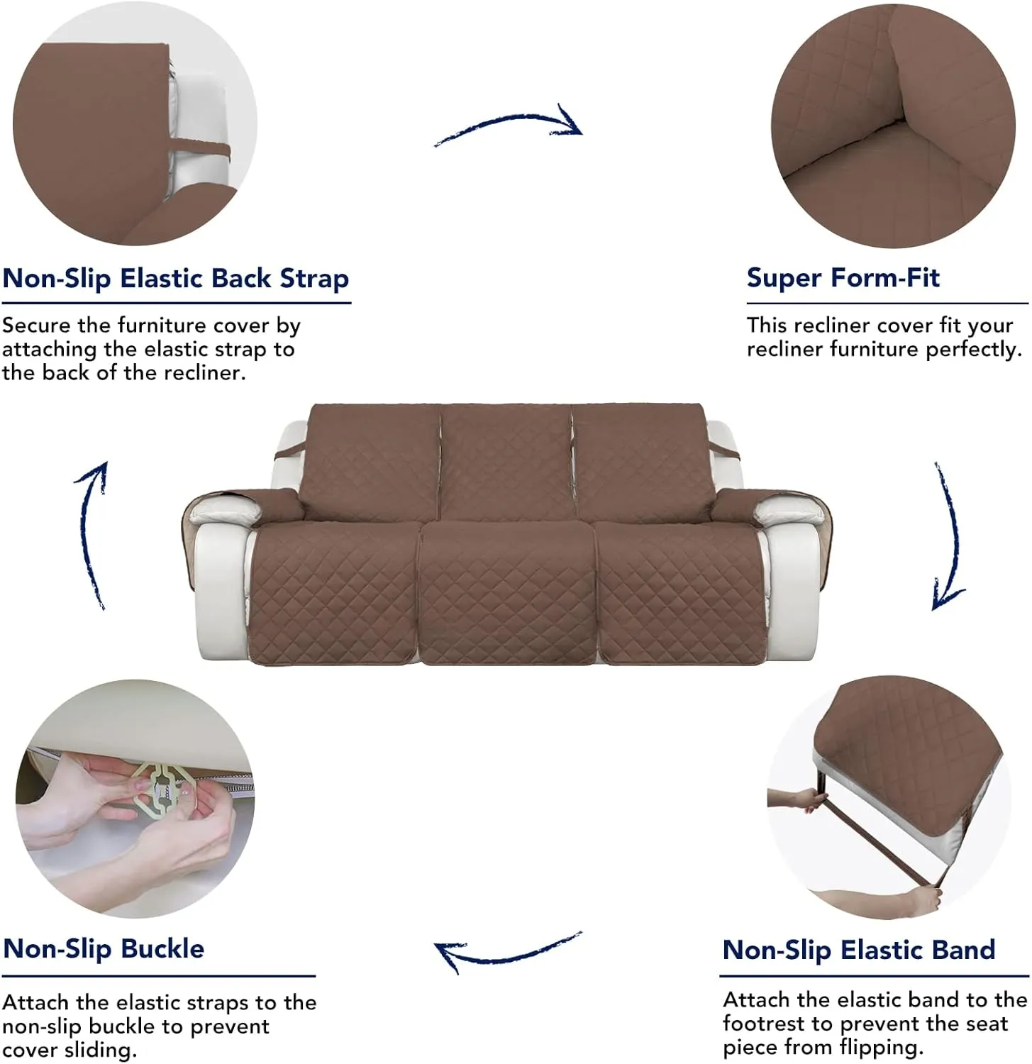 PureFit Water Resistant Reversible Sofa Covers for Reclining Sofa 3 Seat - Non Slip Split Recliner Couch Cover for 3 Cushion Couch, Washable Furniture Protector for Kids, Dogs (3 Seat, Brown/Beige)