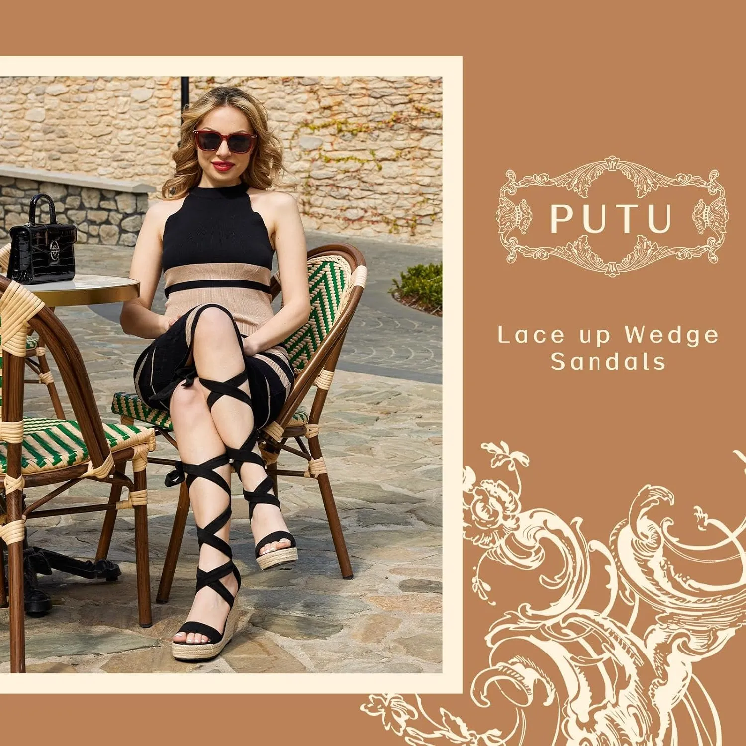 Putu Vacation Wedge Sandals for Women,Espadrilles Platform Beach Sandals,Sexy Tie up Strappy Sandals