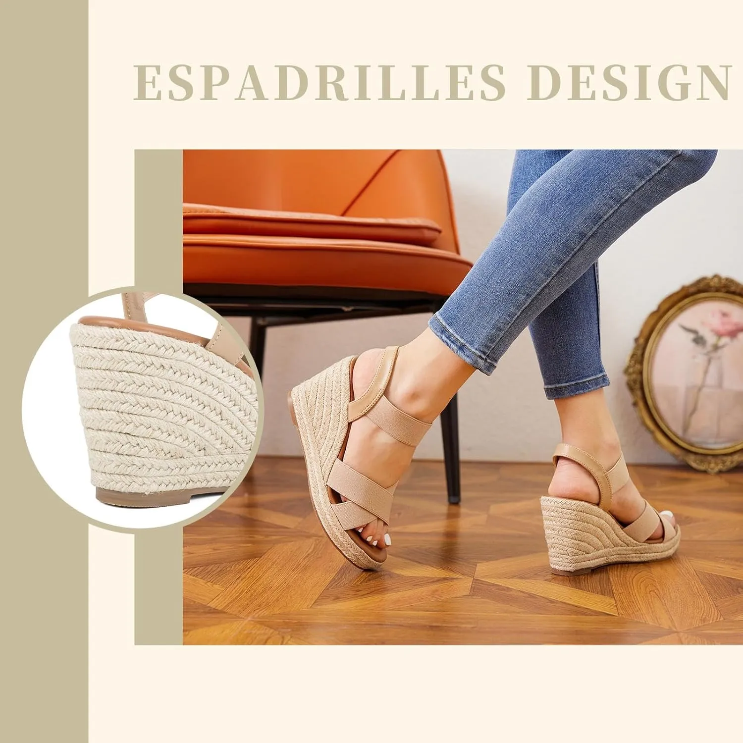 Putu Women's Espadrilles Wedge Sandals Elastic Ankle Strap Platform Sandals Open Toe Wedge Sandals