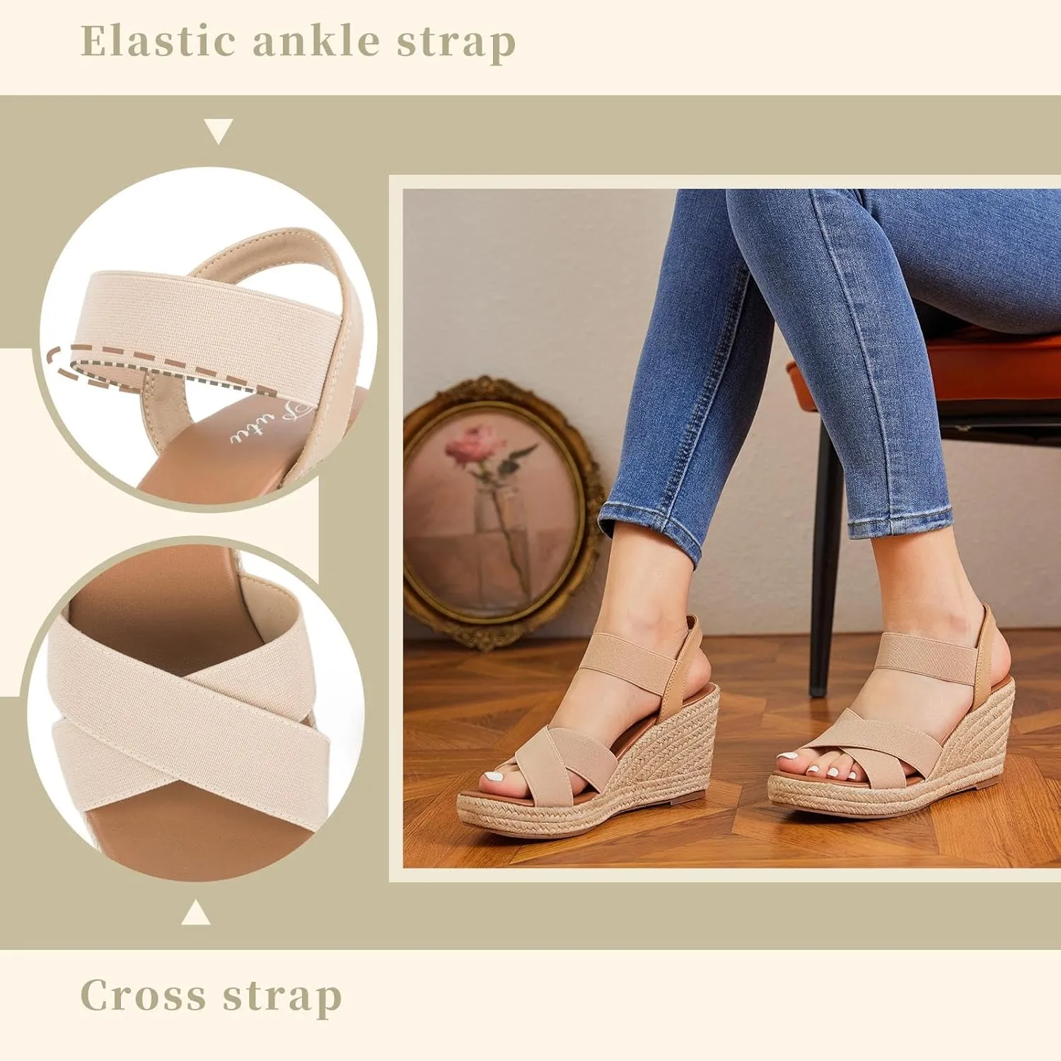 Putu Women's Espadrilles Wedge Sandals Elastic Ankle Strap Platform Sandals Open Toe Wedge Sandals
