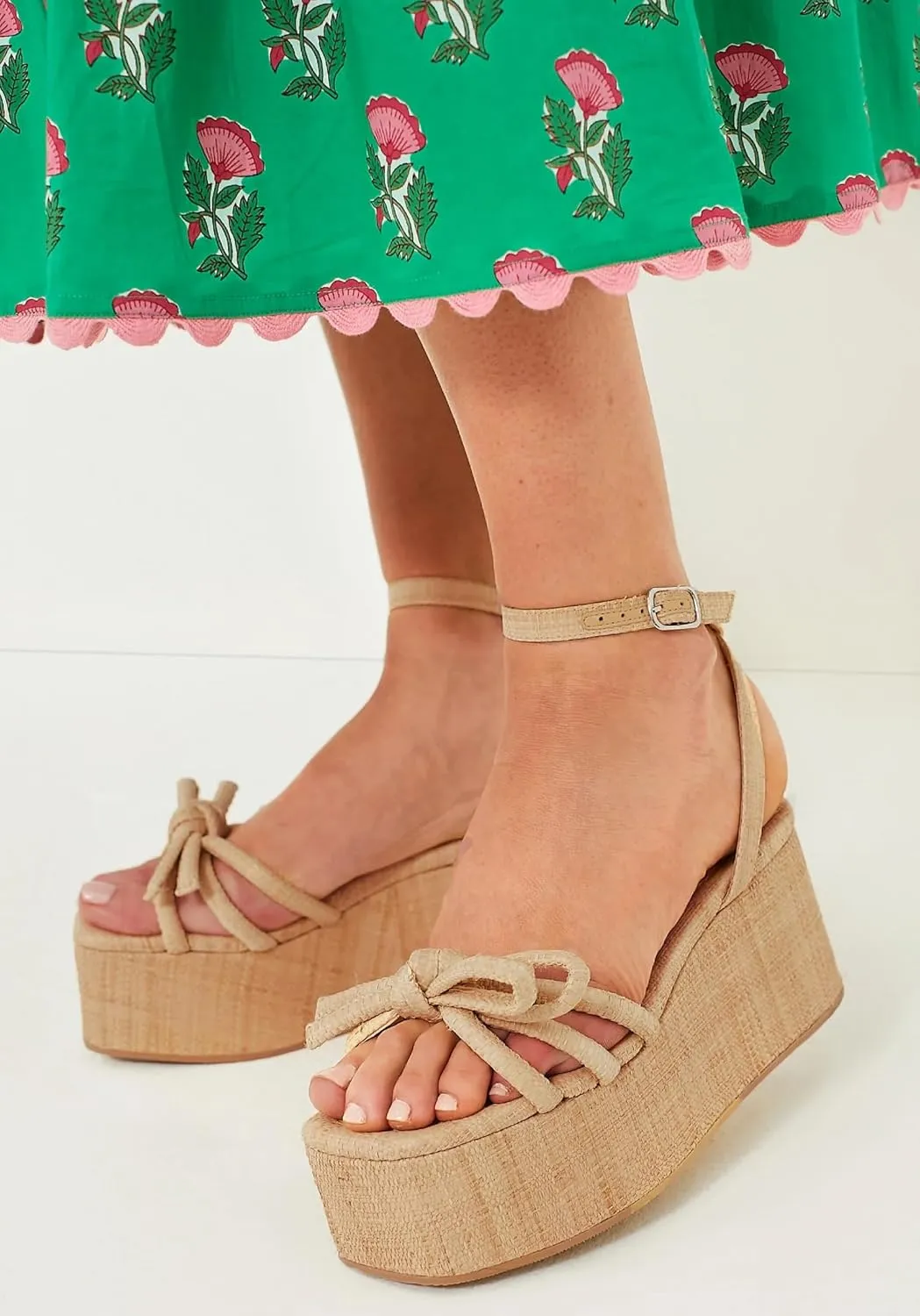 Raffia Platform Sandals for Women Espadrille Wedges Comfortable Summer Beach Slingback Sandals Bow Ankle Strappy Woven Straw Sandals