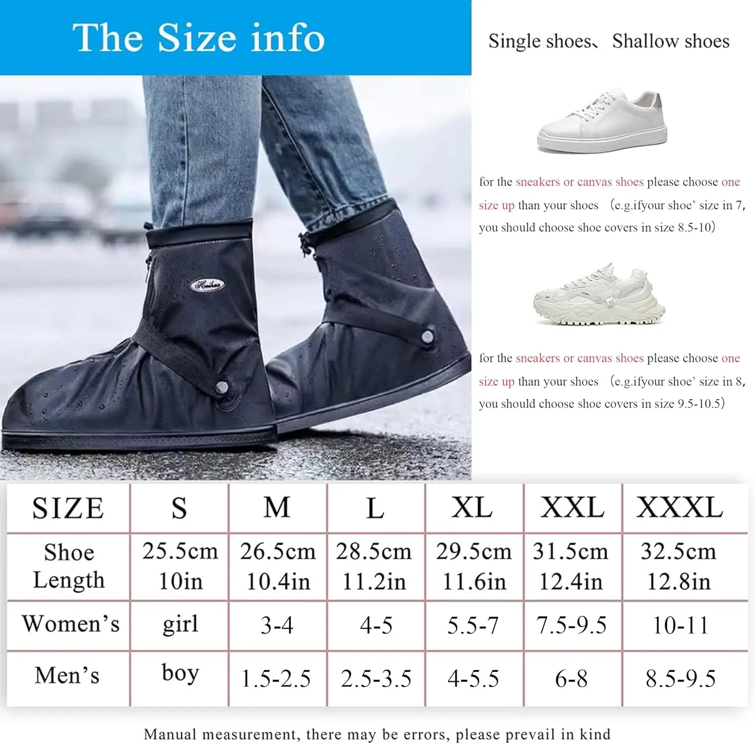 Rain Shoe Covers Waterproof Rain Boot Shoe Cover PVC Rubber Sole Reusable Anti-Slip Rain Snow Boots Overshoes Gear Shoes Durable Mud-Proof Shoe Protector for Cycling Outdoor Travel (Black, M)