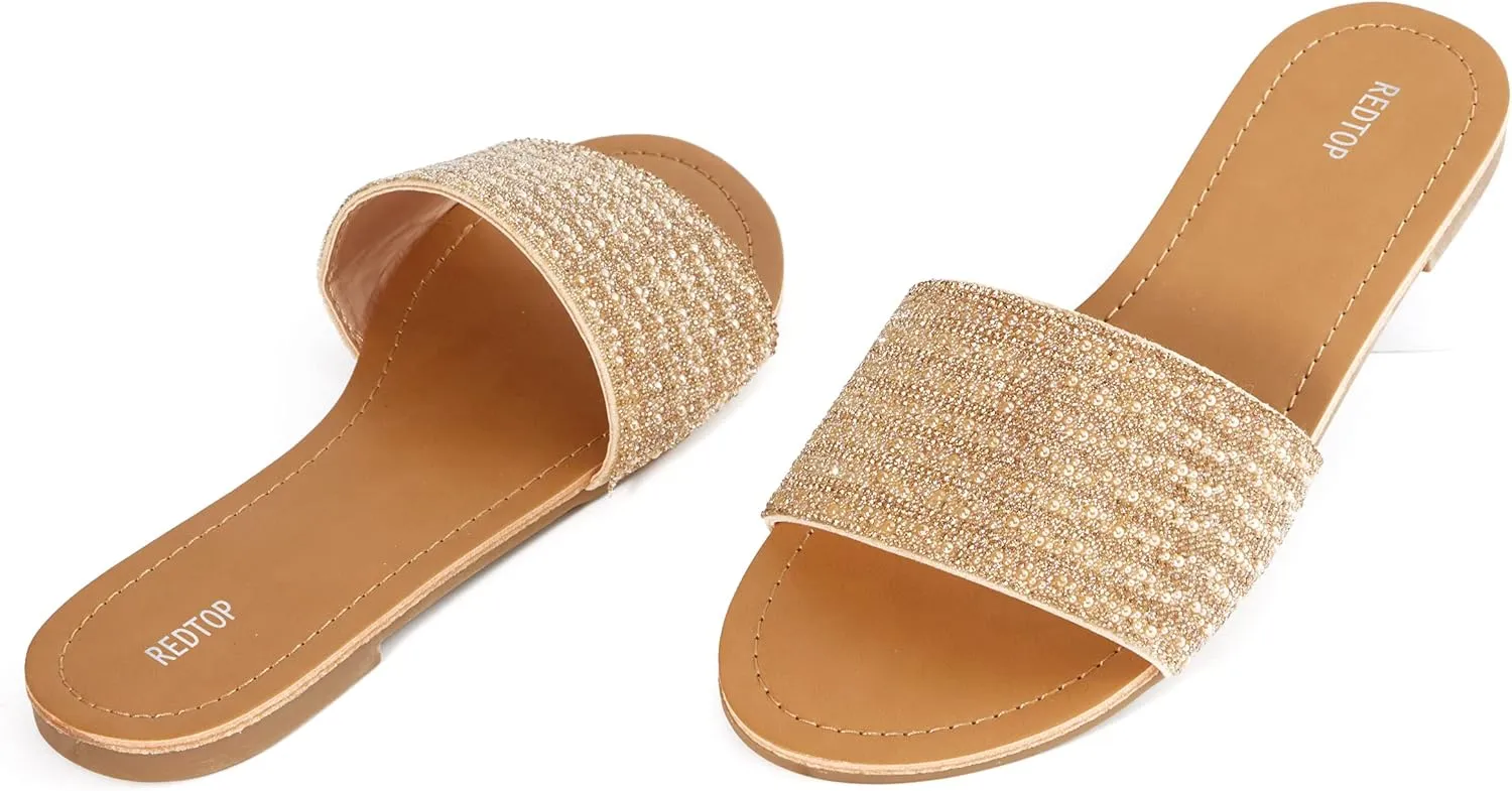 REDTOP Women's Rhinestone Sandals Slide Glitter Bling Casual Sandal Flat Open Toe Sparkle Slides