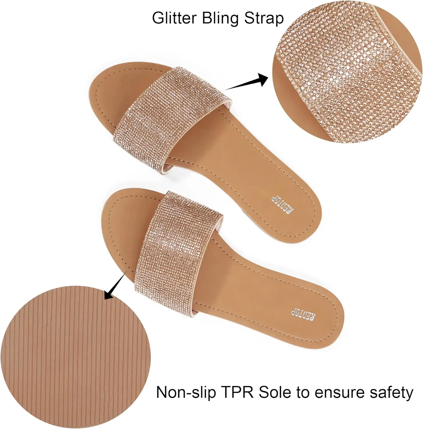 REDTOP Women's Rhinestone Sandals Slide Glitter Bling Casual Sandal Flat Open Toe Sparkle Slides