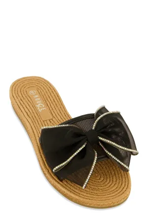 Rhinestone Trim Bow Slide Sandals