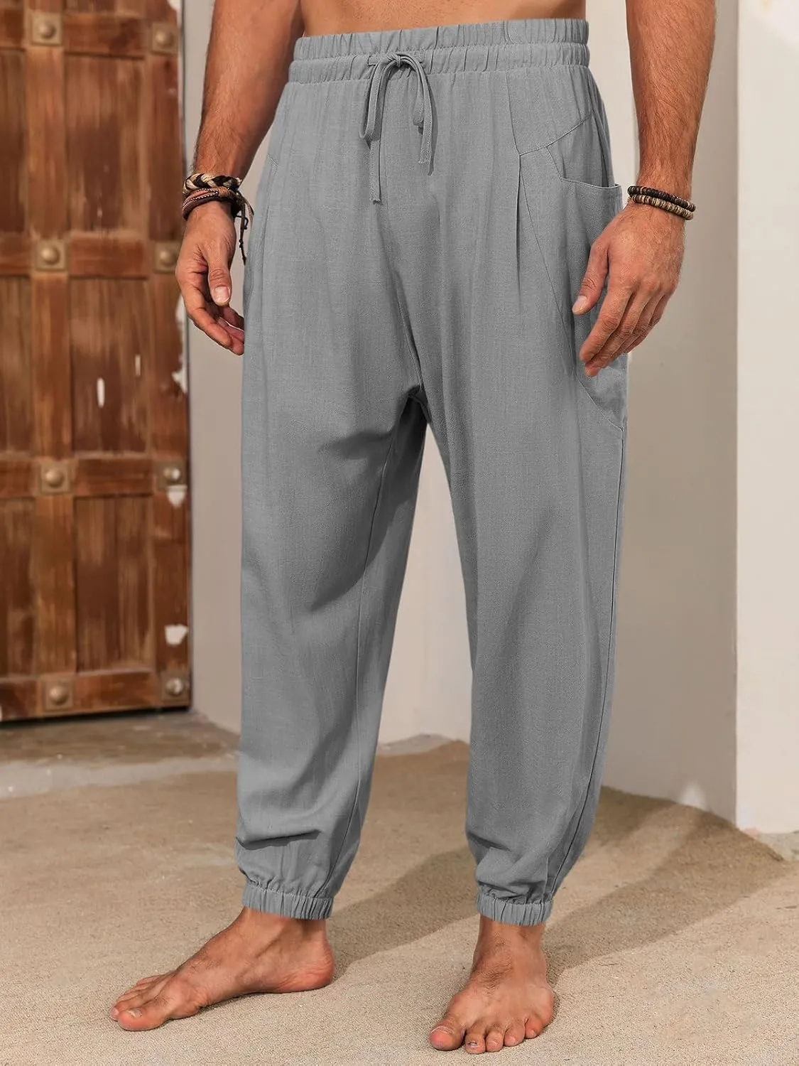 Runcati Mens Harem Pants Casual Elastic Waist Drawstring Baggy Pants Summer Hippie Hip Hop Trousers