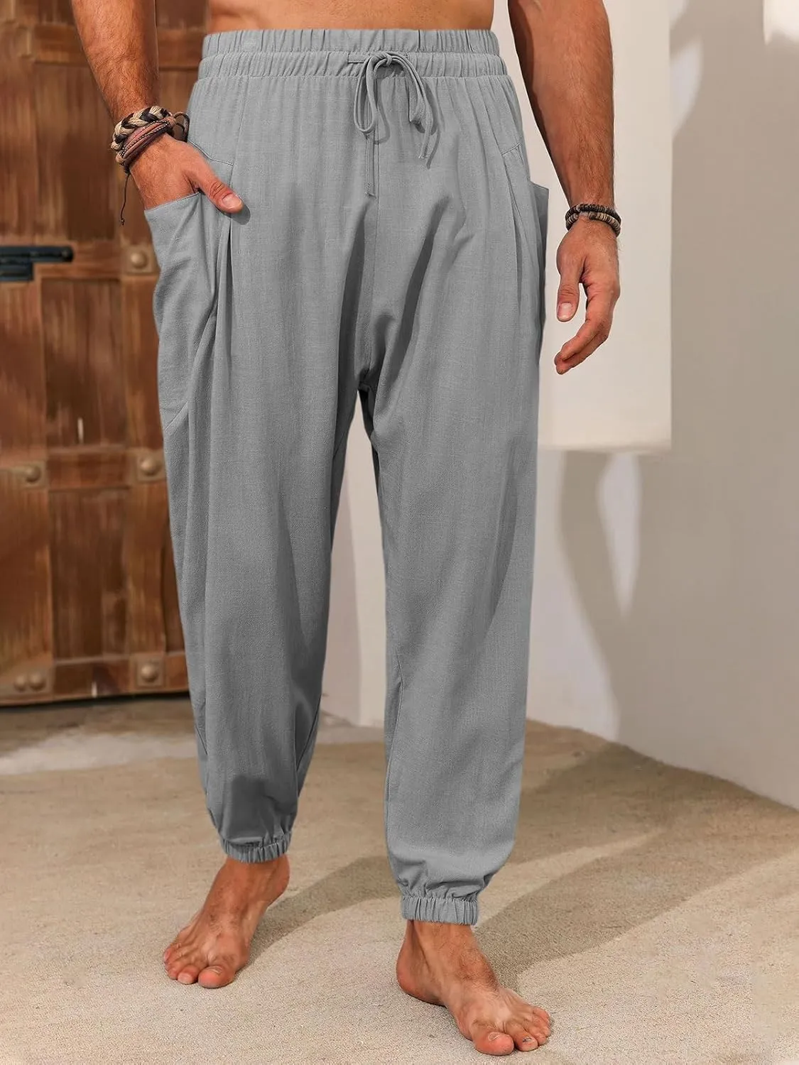Runcati Mens Harem Pants Casual Elastic Waist Drawstring Baggy Pants Summer Hippie Hip Hop Trousers