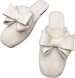 SAILING LU Women's Cute Bow Mules Square Toe Backless Loafers Easy Slip-on Flat Slides Comfortable Sandals Summer Shoes