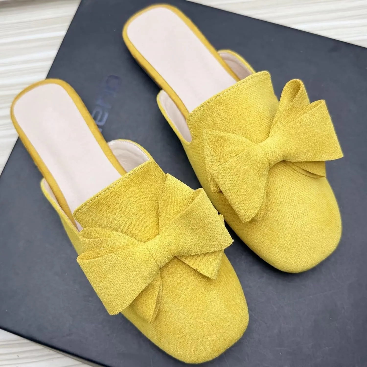 SAILING LU Women's Cute Bow Mules Square Toe Backless Loafers Easy Slip-on Flat Slides Comfortable Sandals Summer Shoes