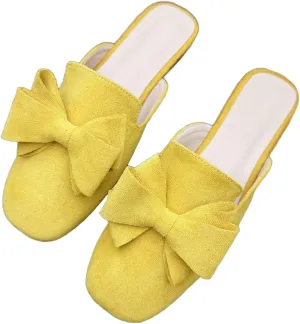 SAILING LU Women's Cute Bow Mules Square Toe Backless Loafers Easy Slip-on Flat Slides Comfortable Sandals Summer Shoes