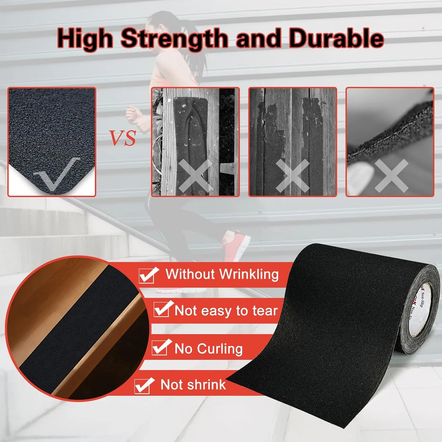 S&X Anti Slip Tape 8 Inch x 40 Ft - Grip Tape for Stairs Waterproof, Non Skid Tape for Steps Outdoor Stair Treads Non-Slip Weather Resistant, Black