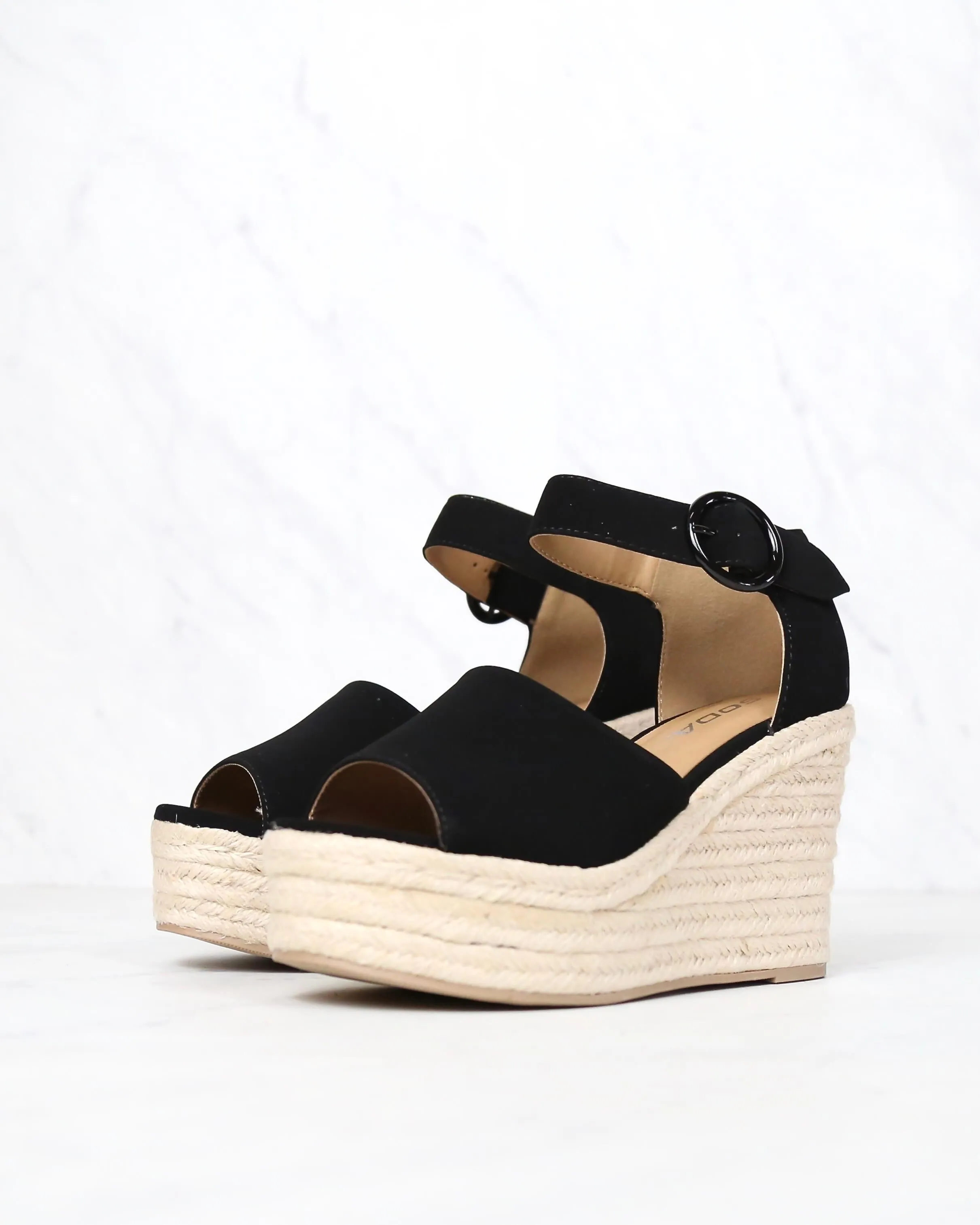Sassy Espadrille Wedges in Black Suede