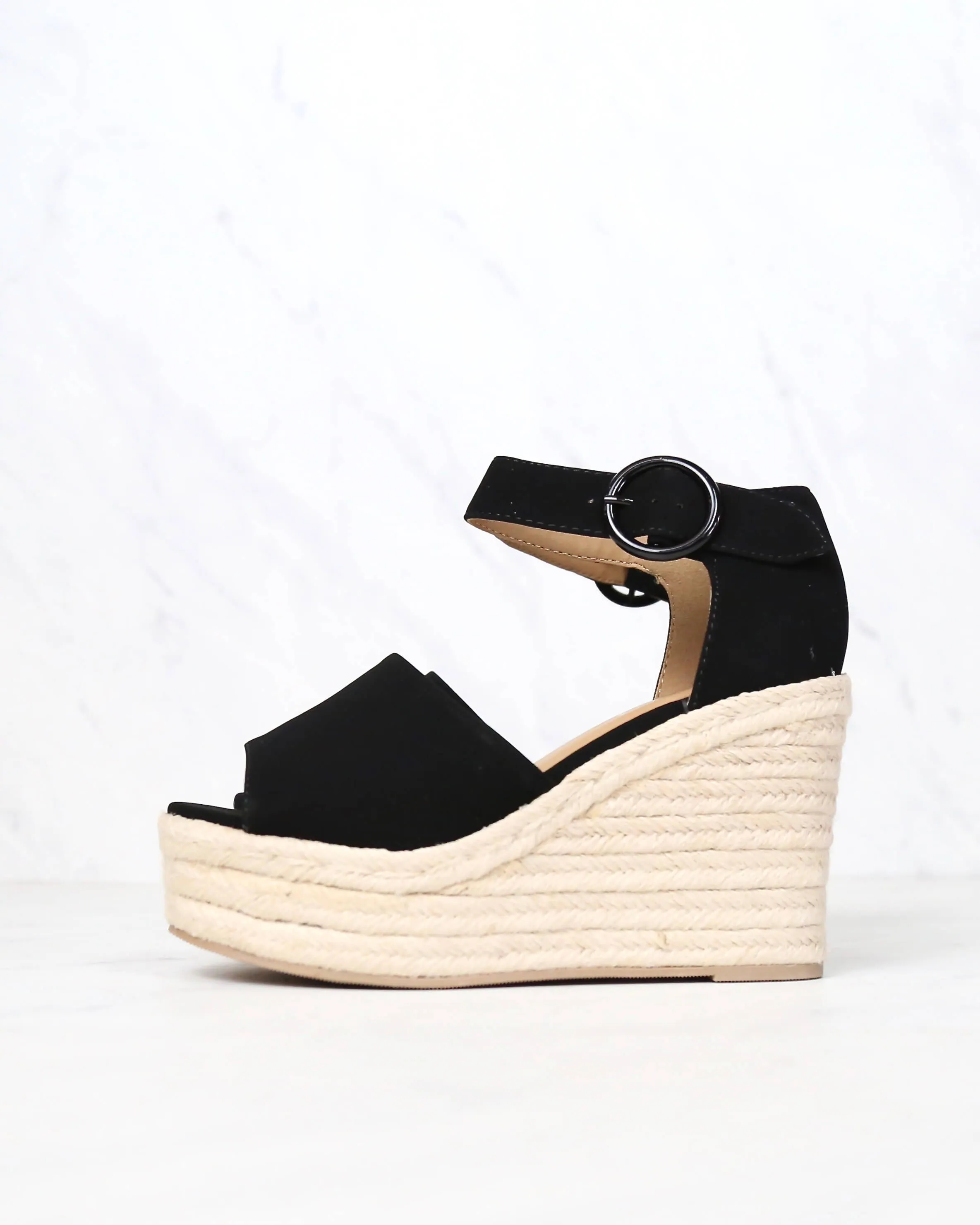 Sassy Espadrille Wedges in Black Suede