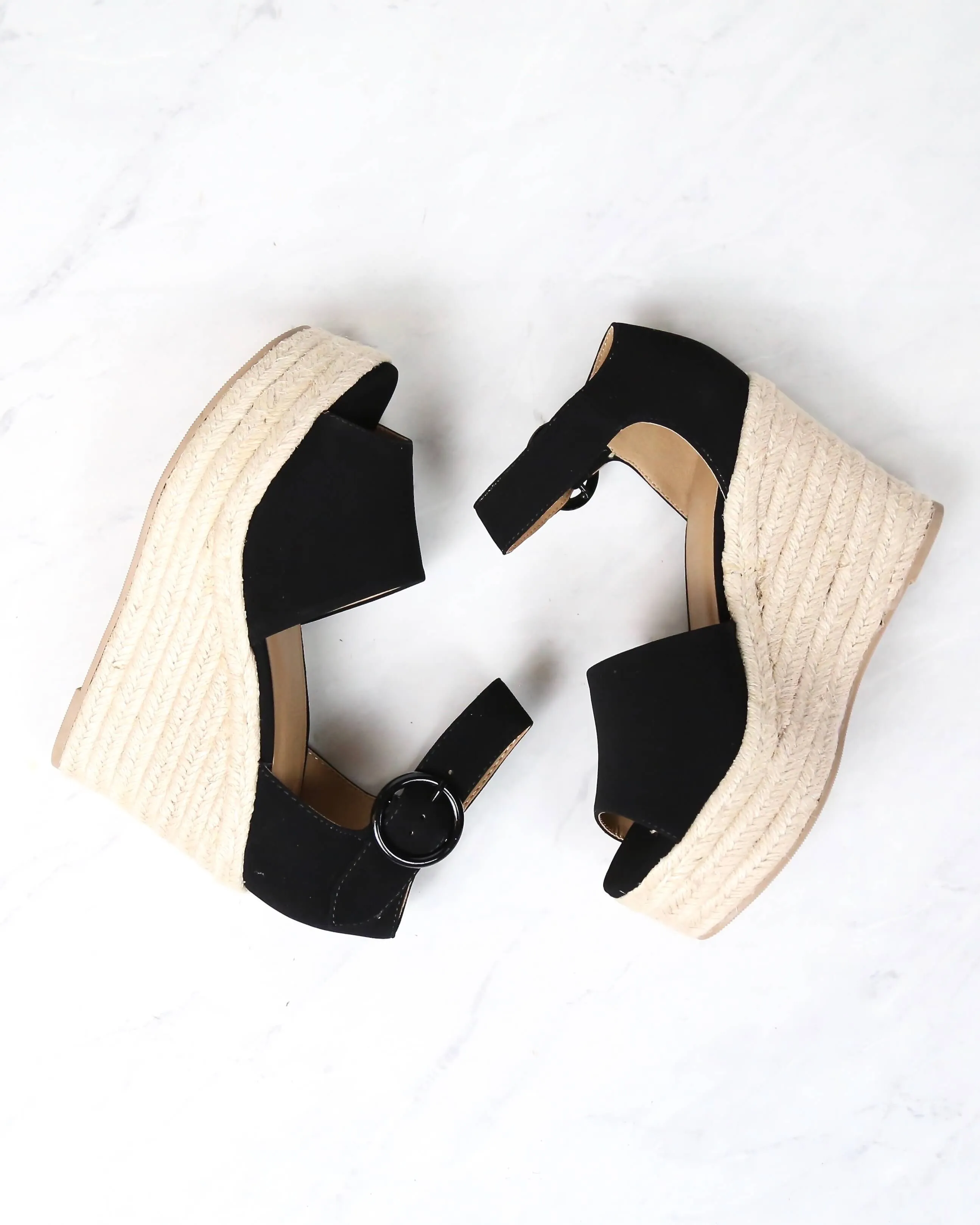 Sassy Espadrille Wedges in Black Suede