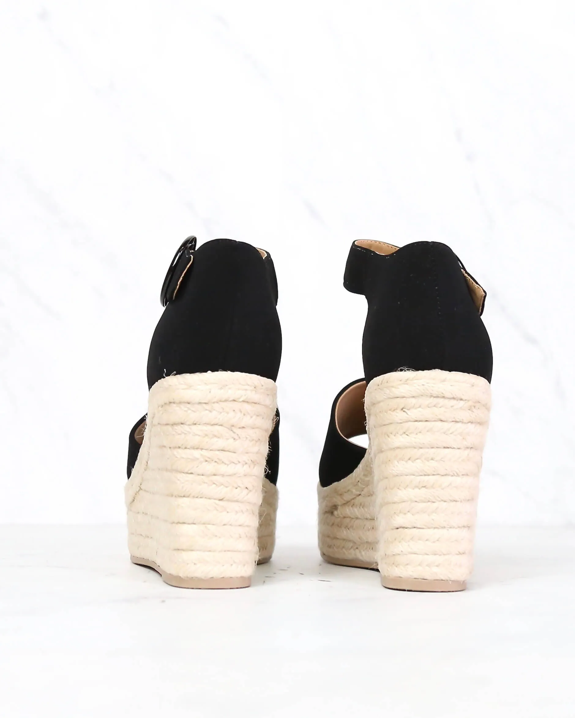 Sassy Espadrille Wedges in Black Suede