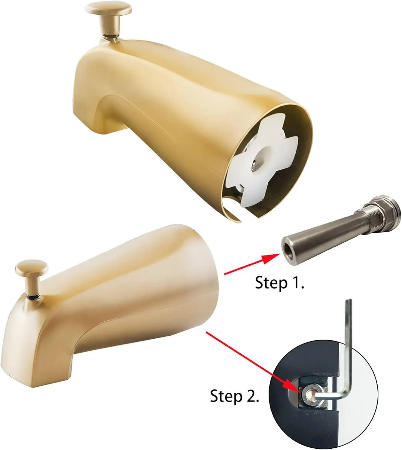 SENTO Slip On Gold Universal Bathroom Tub Spout with Diverter, Durable Heavy Duty Metal Bathtub Faucet with Shower Diverter - 4 Inches 1/2" Copper Pipe, Satin Bras