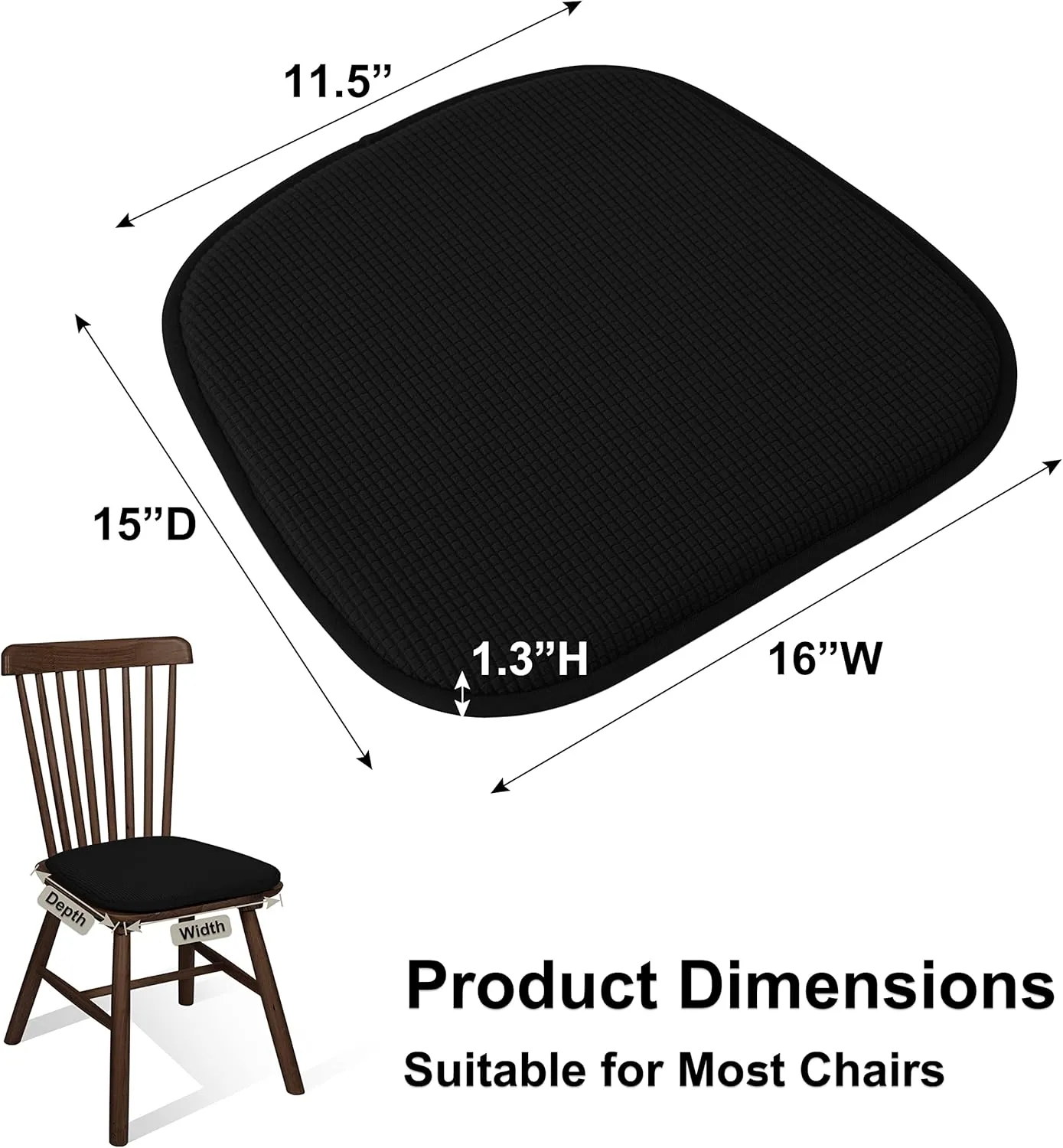 Shinnwa Dining Chair Cushions 2 Pack, Non Slip Indoor Chair Pads, U-Shaped Kitchen Seat Cushions, Set of 2, 15 x 16 Inches, Black