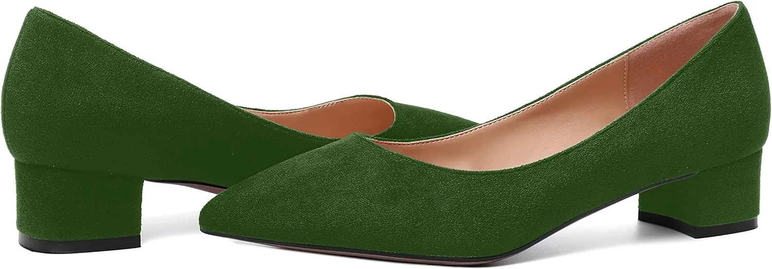 SHOWFOREST Womens Business Slip On Formal Suede Pointed Toe Solid Thick Chunky Low Heel Pumps Shoes 1.5 Inch