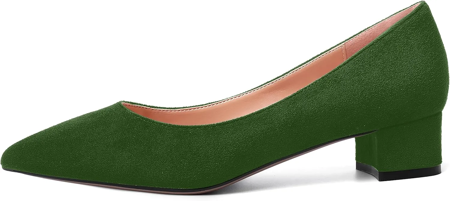 SHOWFOREST Womens Business Slip On Formal Suede Pointed Toe Solid Thick Chunky Low Heel Pumps Shoes 1.5 Inch