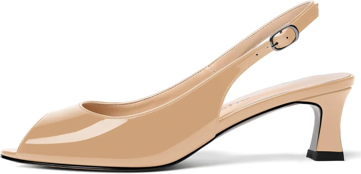 SKYSTERRY Women's Patent Dress Slip On Wedding Slingback Peep Toe Spool Low Heel Pumps Shoes 2 Inch
