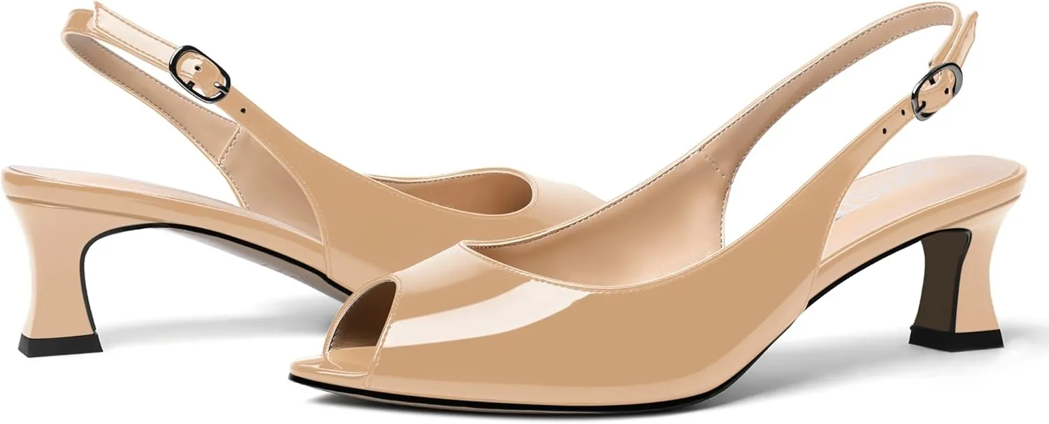 SKYSTERRY Women's Patent Dress Slip On Wedding Slingback Peep Toe Spool Low Heel Pumps Shoes 2 Inch