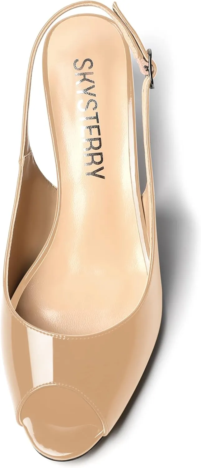 SKYSTERRY Women's Patent Dress Slip On Wedding Slingback Peep Toe Spool Low Heel Pumps Shoes 2 Inch