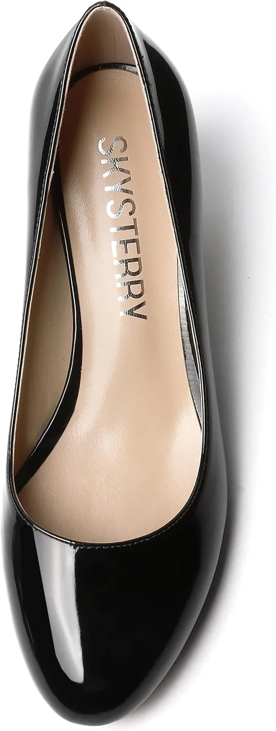 SKYSTERRY Women's Patent Kitten Round Toe Slip On Office Spool Low Heel Pumps Office Work Dress Shoes 2 Inch