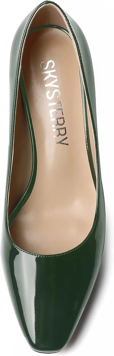 SKYSTERRY Women's Patent Office Solid Dress Slip On Square Toe Spool Mid Heel Pumps Shoes 2.5 Inch