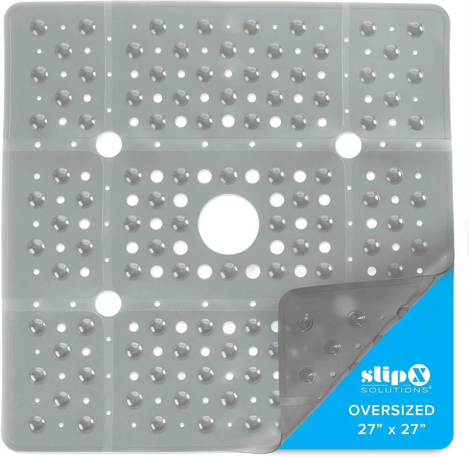 SlipX Solutions 27" Oversize Square Shower Mat, Non-Slip Mat for Elderly & Kids, 100  Power Grip Suction Cups for Smooth Surfaces, Machine Washable, Translucent Gray