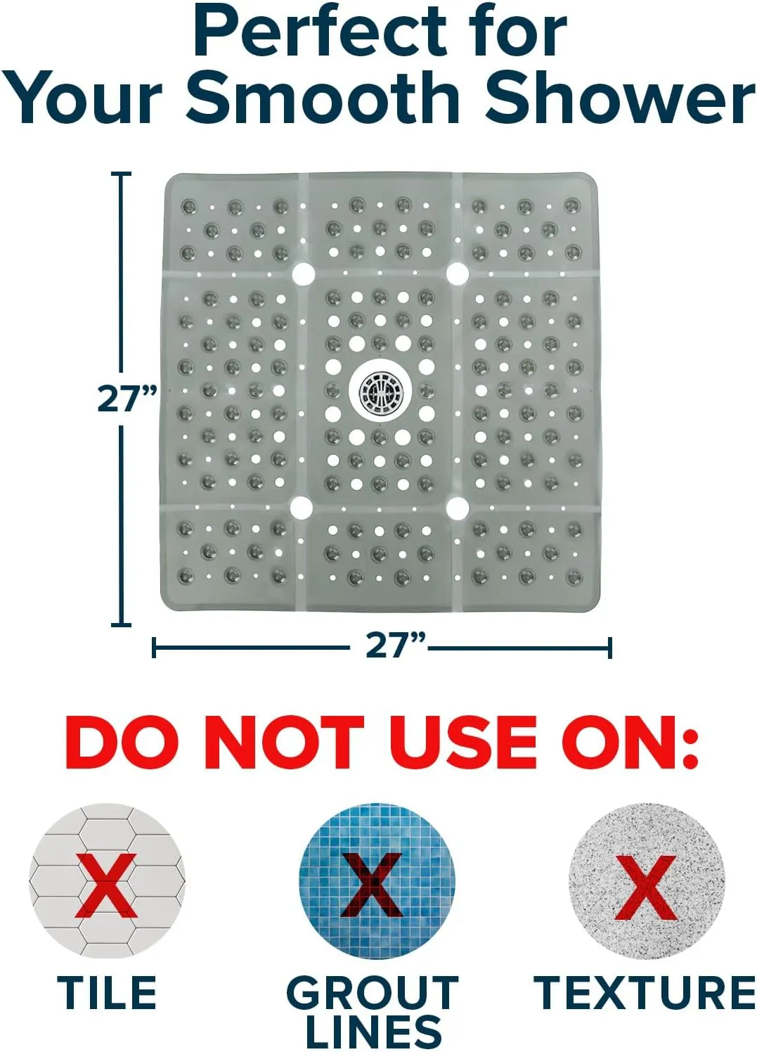 SlipX Solutions 27" Oversize Square Shower Mat, Non-Slip Mat for Elderly & Kids, 100  Power Grip Suction Cups for Smooth Surfaces, Machine Washable, Translucent Gray