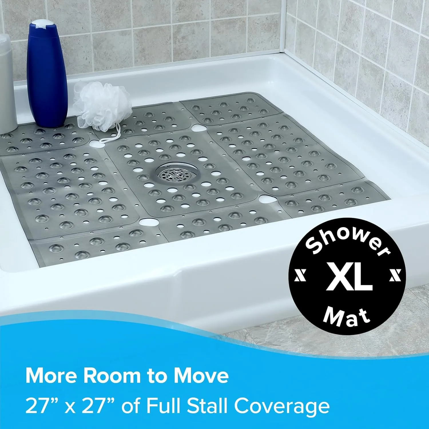 SlipX Solutions 27" Oversize Square Shower Mat, Non-Slip Mat for Elderly & Kids, 100  Power Grip Suction Cups for Smooth Surfaces, Machine Washable, Translucent Gray