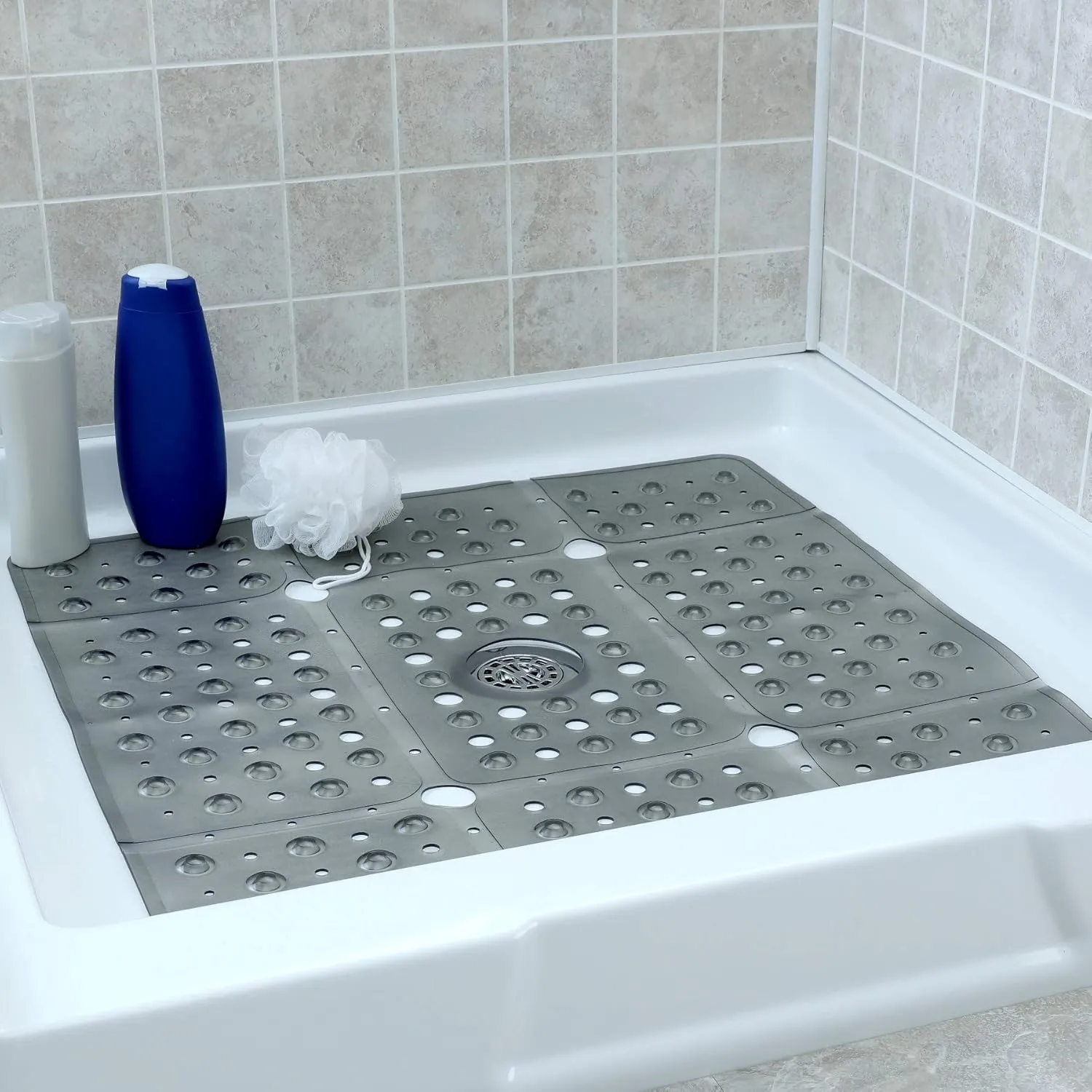 SlipX Solutions 27" Oversize Square Shower Mat, Non-Slip Mat for Elderly & Kids, 100  Power Grip Suction Cups for Smooth Surfaces, Machine Washable, Translucent Gray