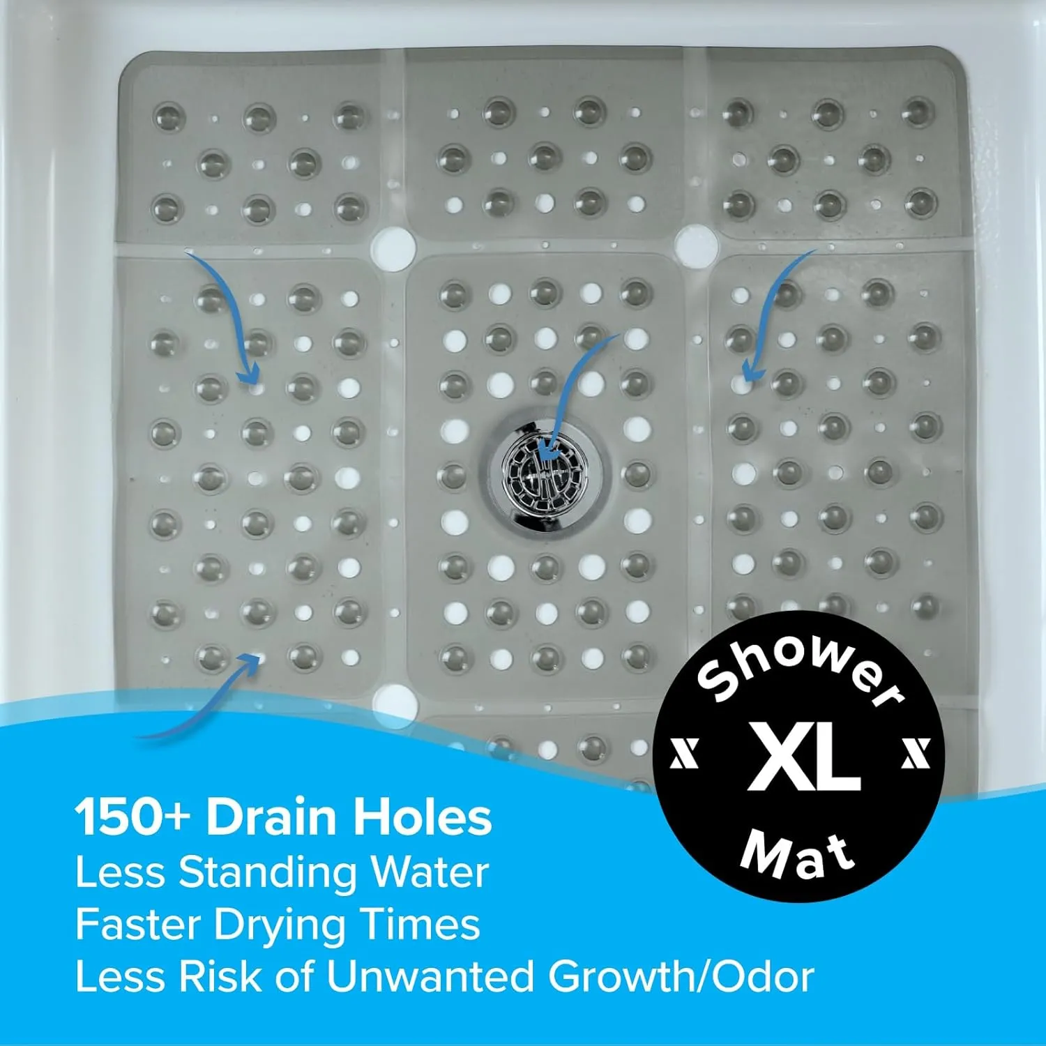 SlipX Solutions 27" Oversize Square Shower Mat, Non-Slip Mat for Elderly & Kids, 100  Power Grip Suction Cups for Smooth Surfaces, Machine Washable, Translucent Gray