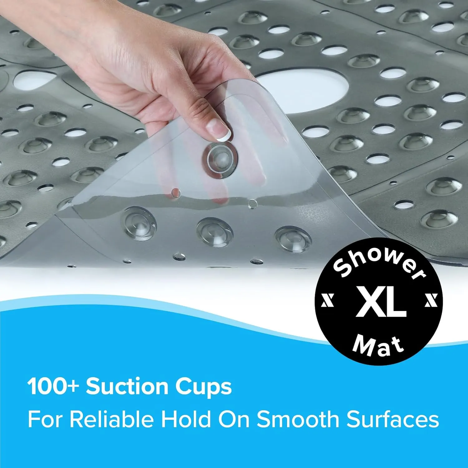 SlipX Solutions 27" Oversize Square Shower Mat, Non-Slip Mat for Elderly & Kids, 100  Power Grip Suction Cups for Smooth Surfaces, Machine Washable, Translucent Gray