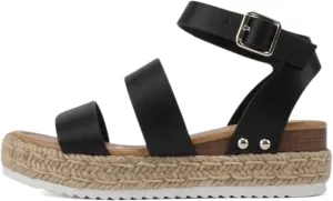 Soda BRYCE-2 Kids/Children/Girls Open Toe Two Bands Espadrille Jute Platform Wedge Casual Fashion Flatform Sandals with Buckle Ankle Strap