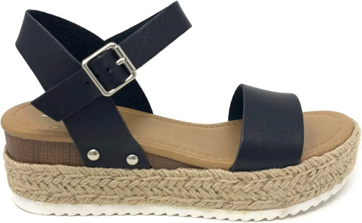 Soda Clip Black Vegan Leather Casual Espadrilles Trim Platform Heeled Sandals
