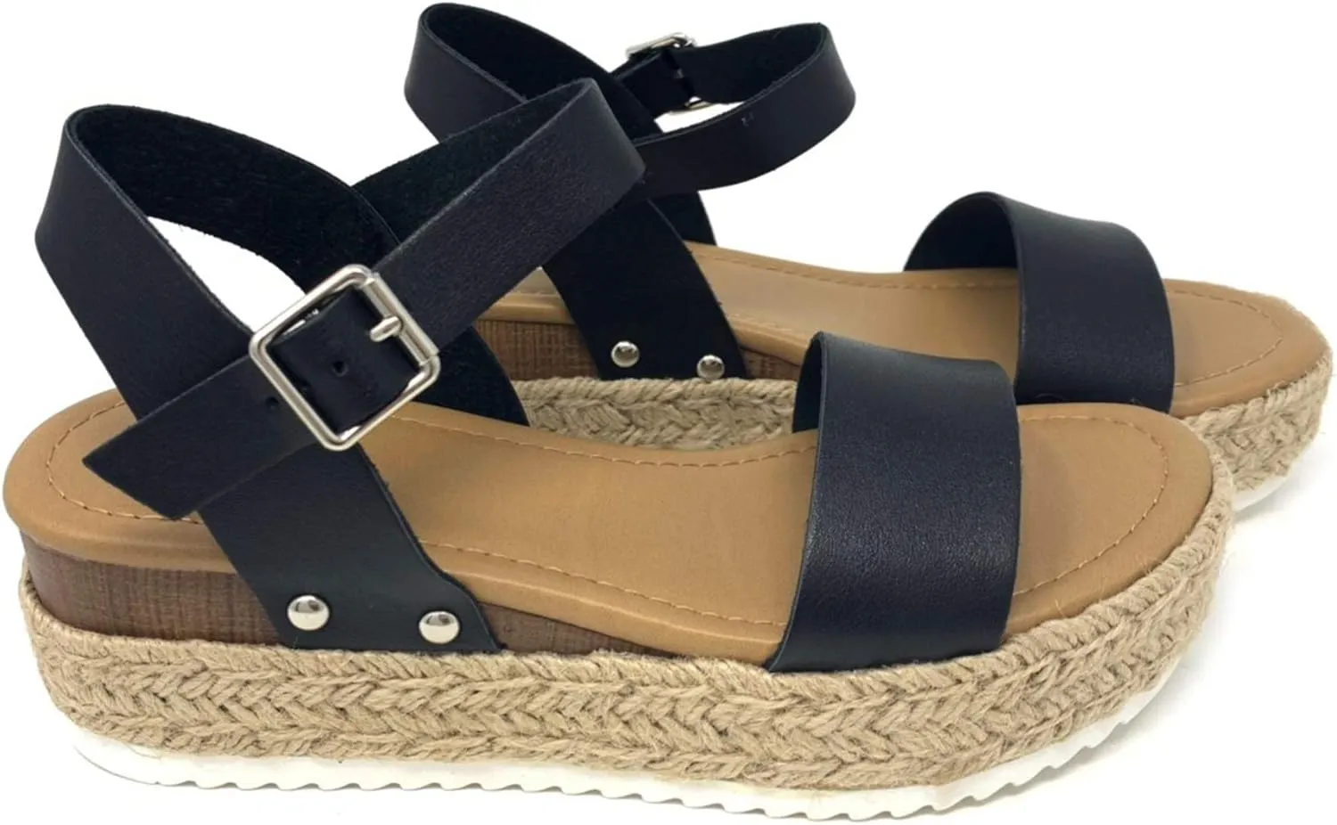 Soda Clip Black Vegan Leather Casual Espadrilles Trim Platform Heeled Sandals